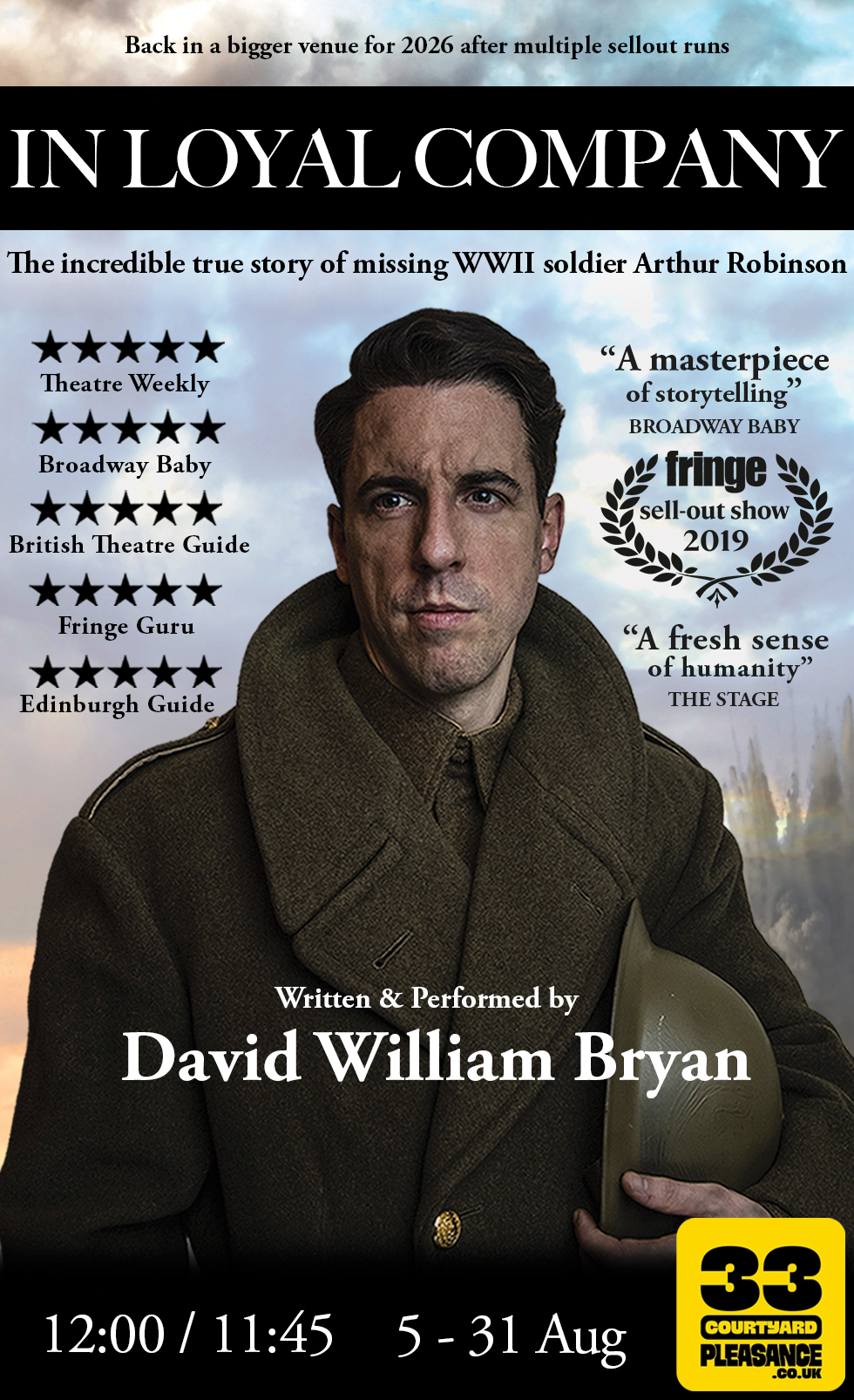 In Loyal Company poster — David William Bryan in WWII uniform, helmet under his arm, against a stormy sky
